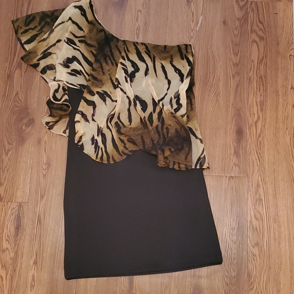 Leopard Print One Shoulder Ruffle Dress - L - Mob Wife Glam Cocktail